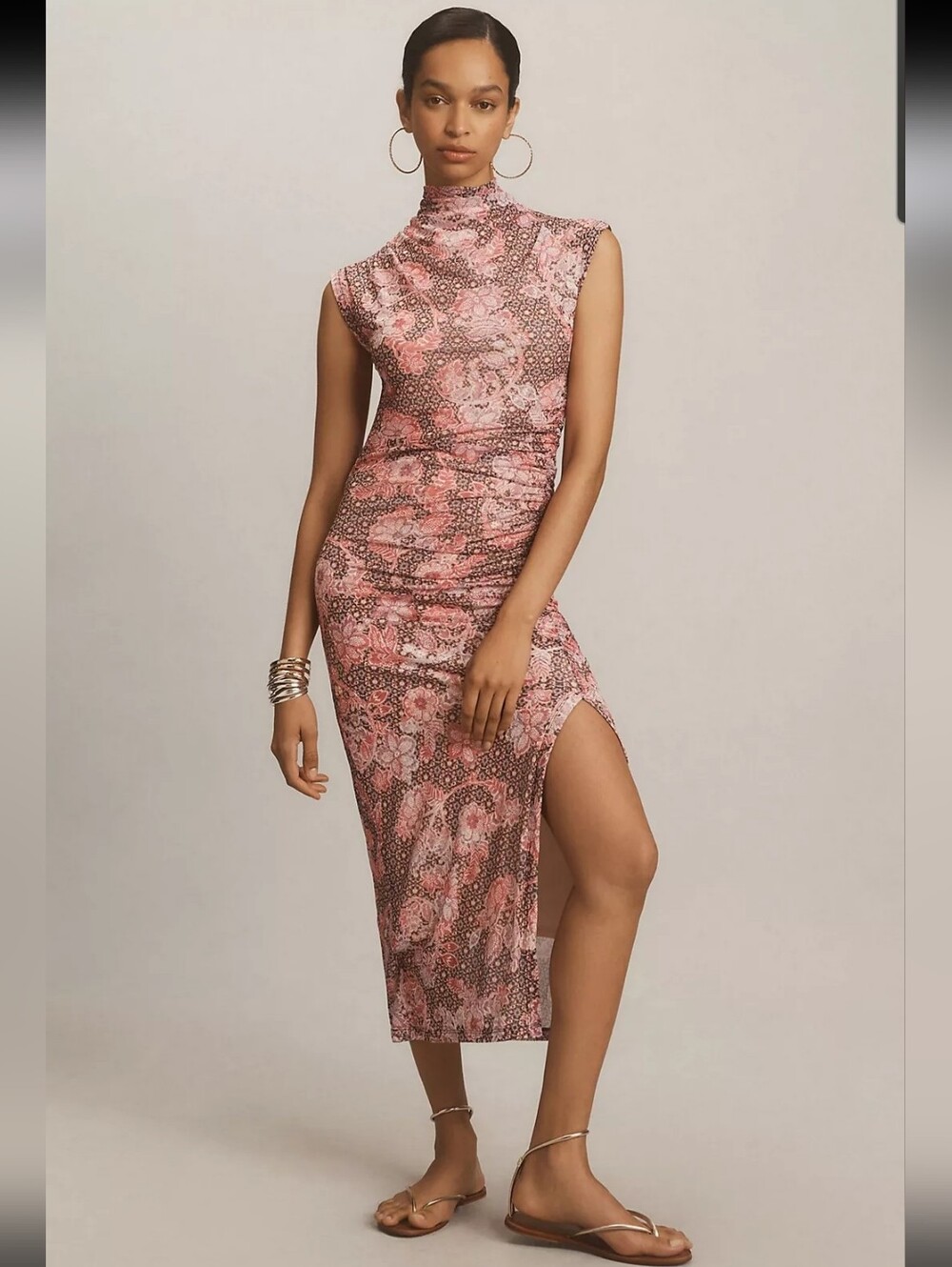 Anthropologie The Maya Ruched Cowl-Neck Mesh Midi Dress Medium Pink Floral